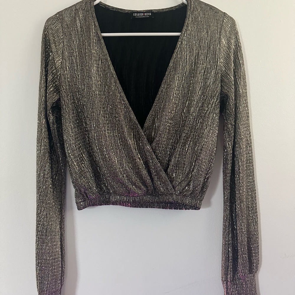 Metallic, dressy, crop top from Fashion Nova.